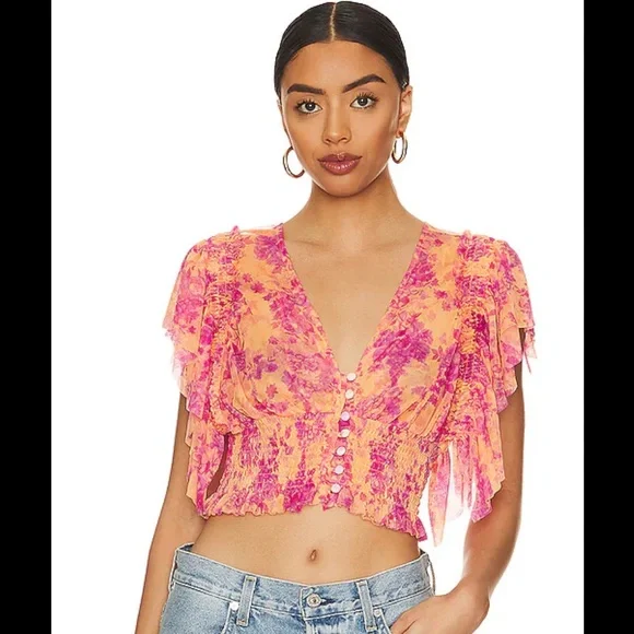 Free People Sugar Top in Hot Tropics Women’s Medium Crop Mesh Blouse - Picture 2 of 7